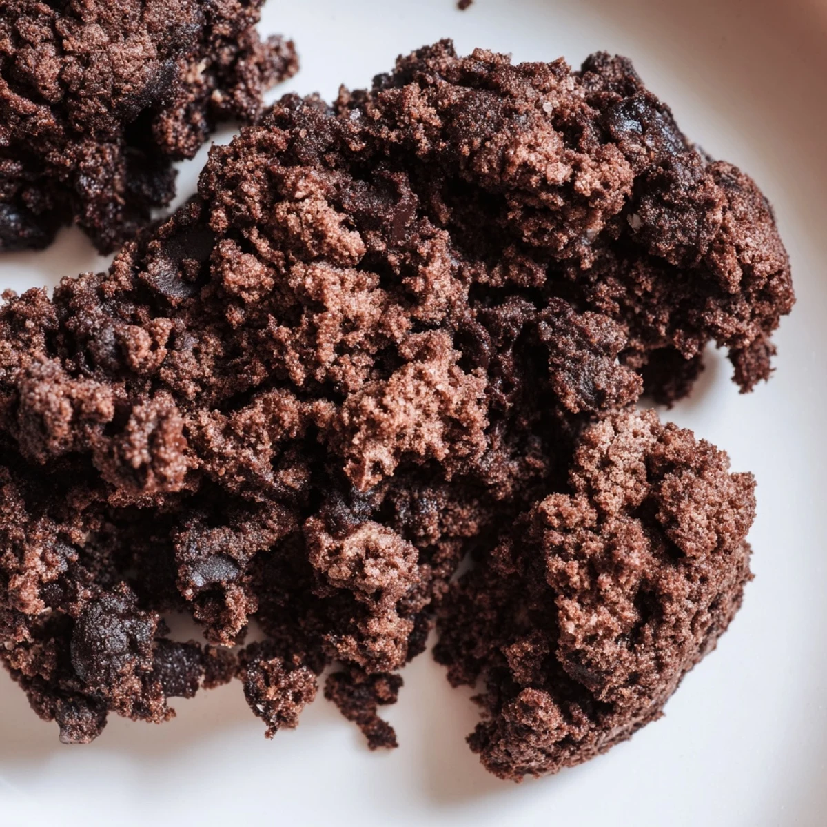 Freshly baked Chocolate Cookie Crumble clumps with cracked edges on a baking sheet, ready to cool.