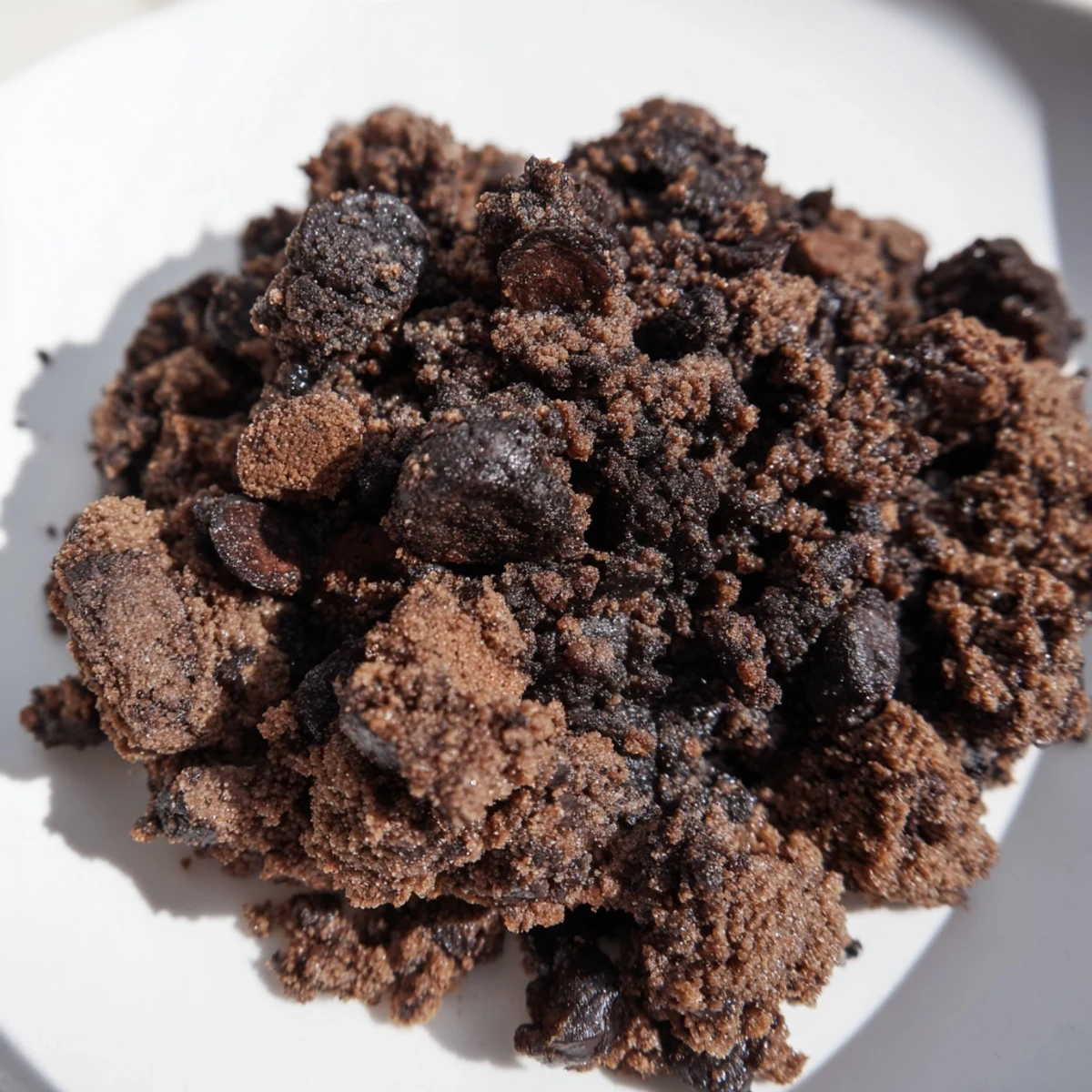 Warm Chocolate Cookie Crumble spooned over vanilla ice cream, melting slightly into a rich chocolatey sauce.