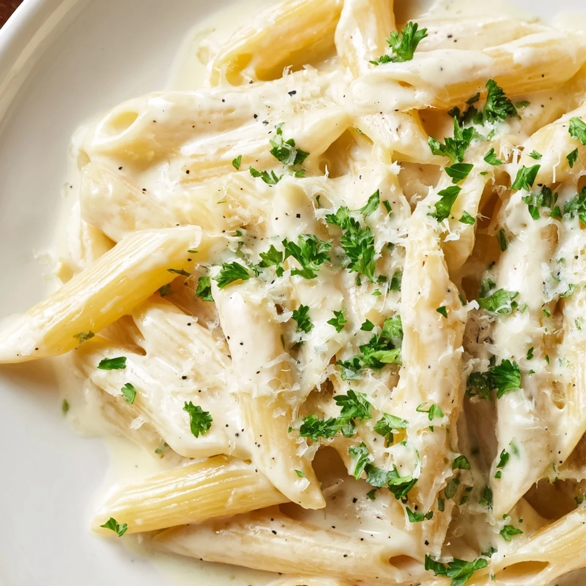 A close-up of Creamy Dish Pasta twirled on a fork with steam rising.