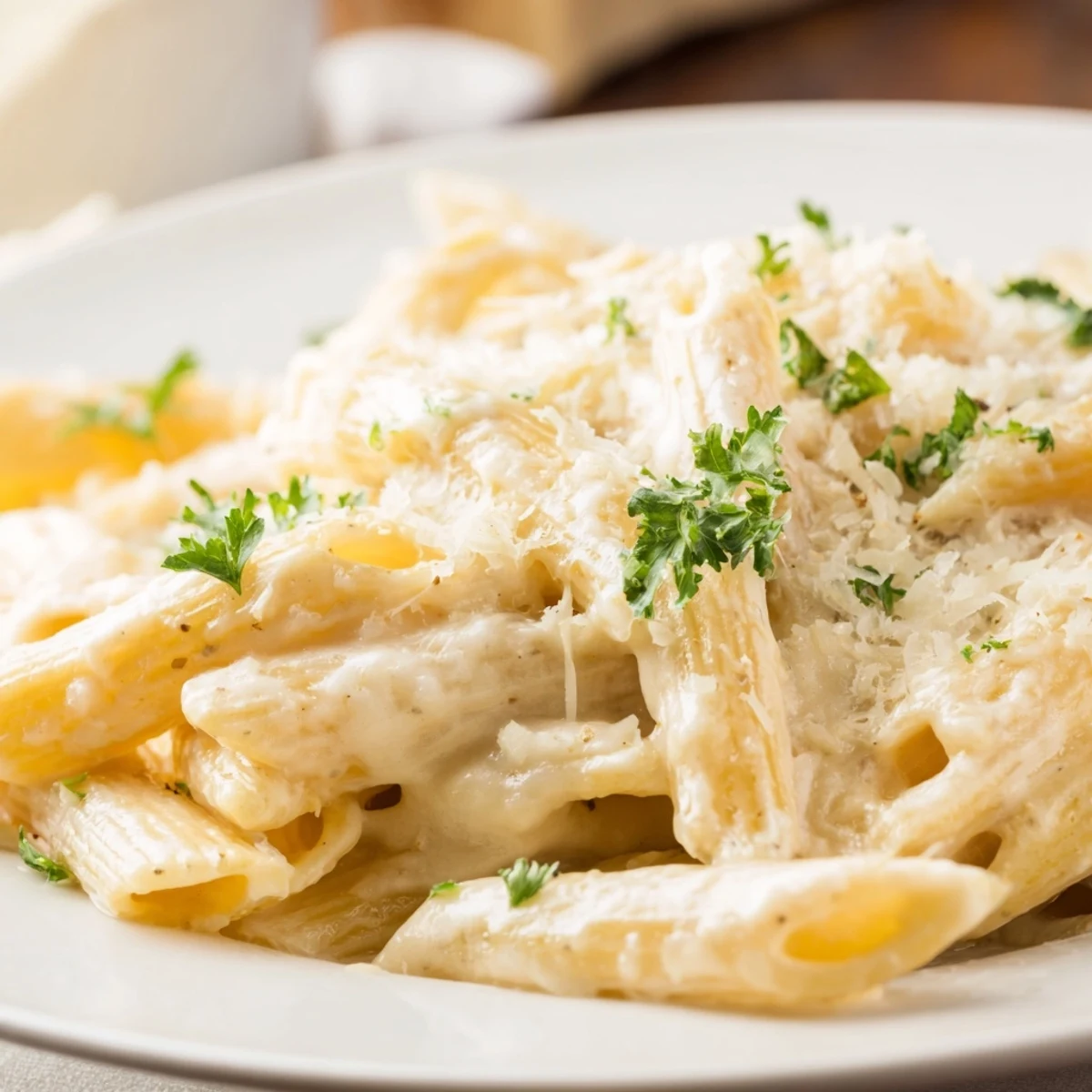 Rich Creamy Dish Pasta topped with Parmesan and parsley on a rustic dinner plate.