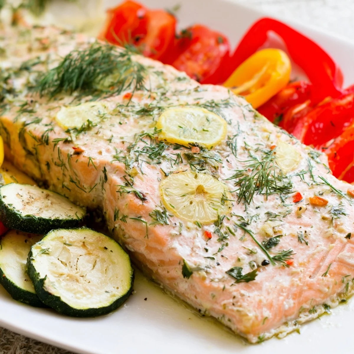 A close-up of a vibrant Baked Salmon Platter featuring flaky herb-seasoned salmon next to colorful roasted vegetables and bright lemon wedges.