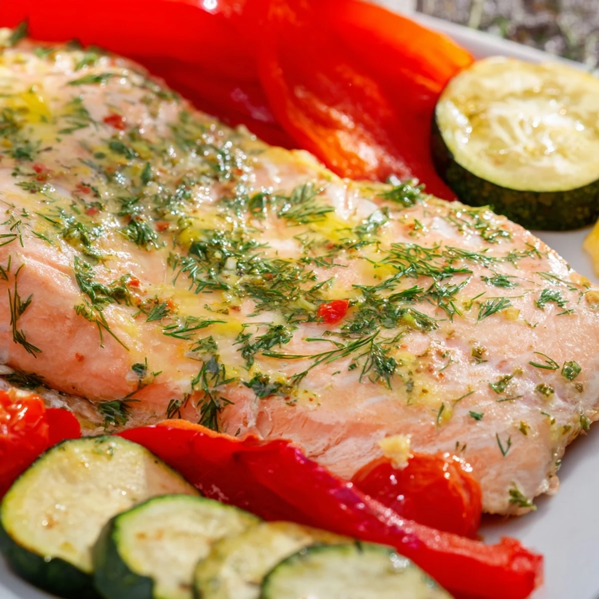 A freshly baked Baked Salmon Platter served on a white platter, garnished with dill and lemon, highlighting the tender, juicy fillets.