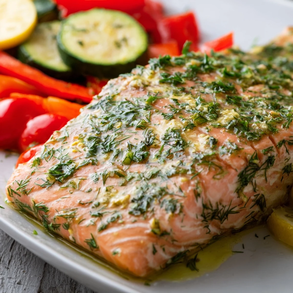 A rustic kitchen table setting with a golden Baked Salmon Platter, surrounded by roasted zucchini, tomatoes, and red onions, ready to eat.