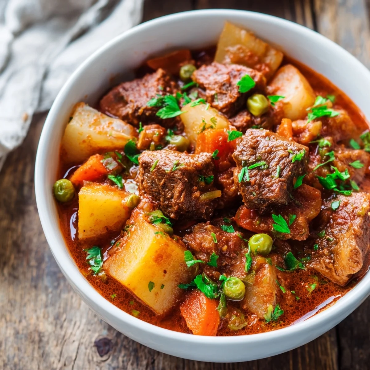 Golden brown Beef Dish Casserole bubbling with tender beef, carrots, and peas in a rich, savory sauce.