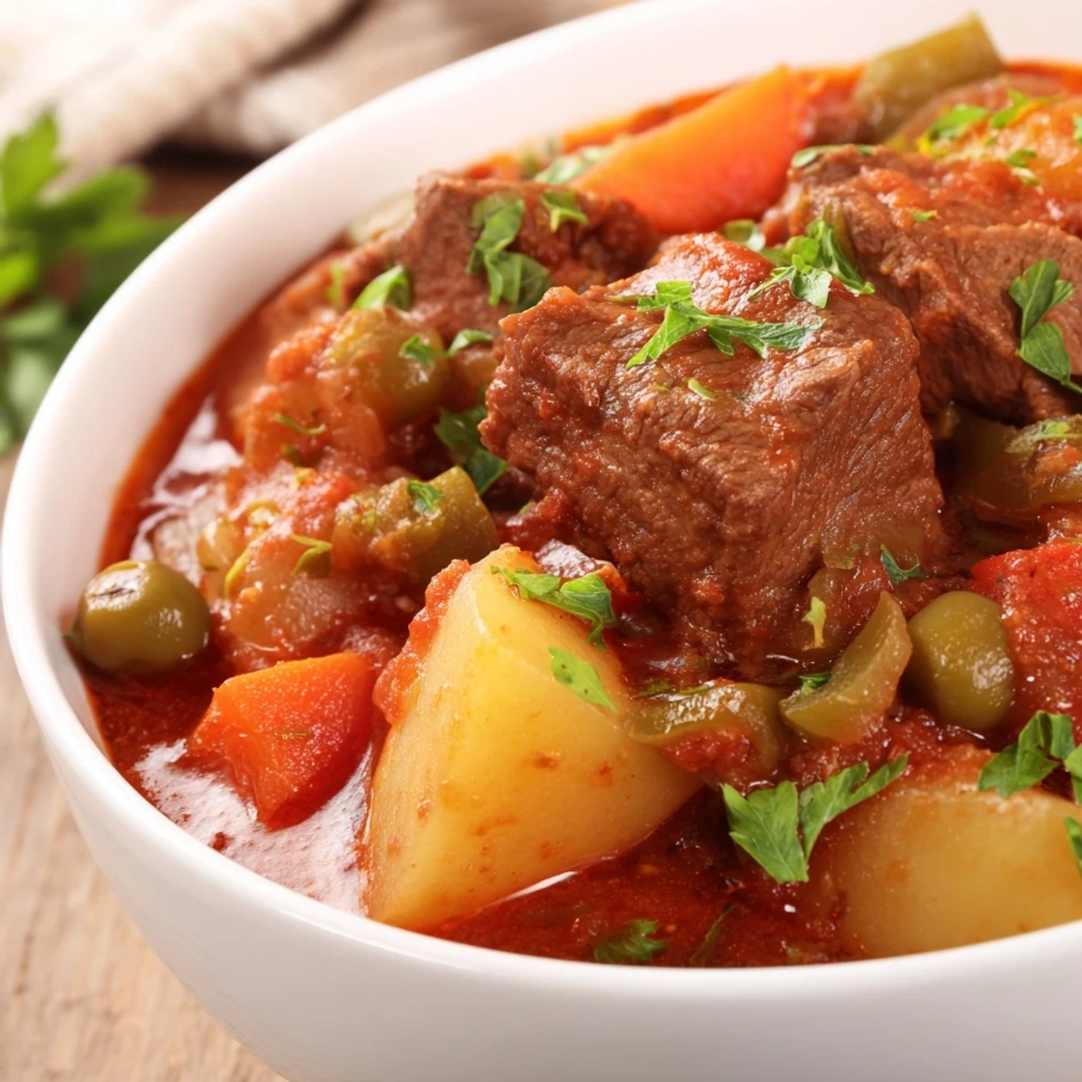 Freshly baked Beef Dish Casserole served hot from the oven, garnished with parsley on a rustic table.