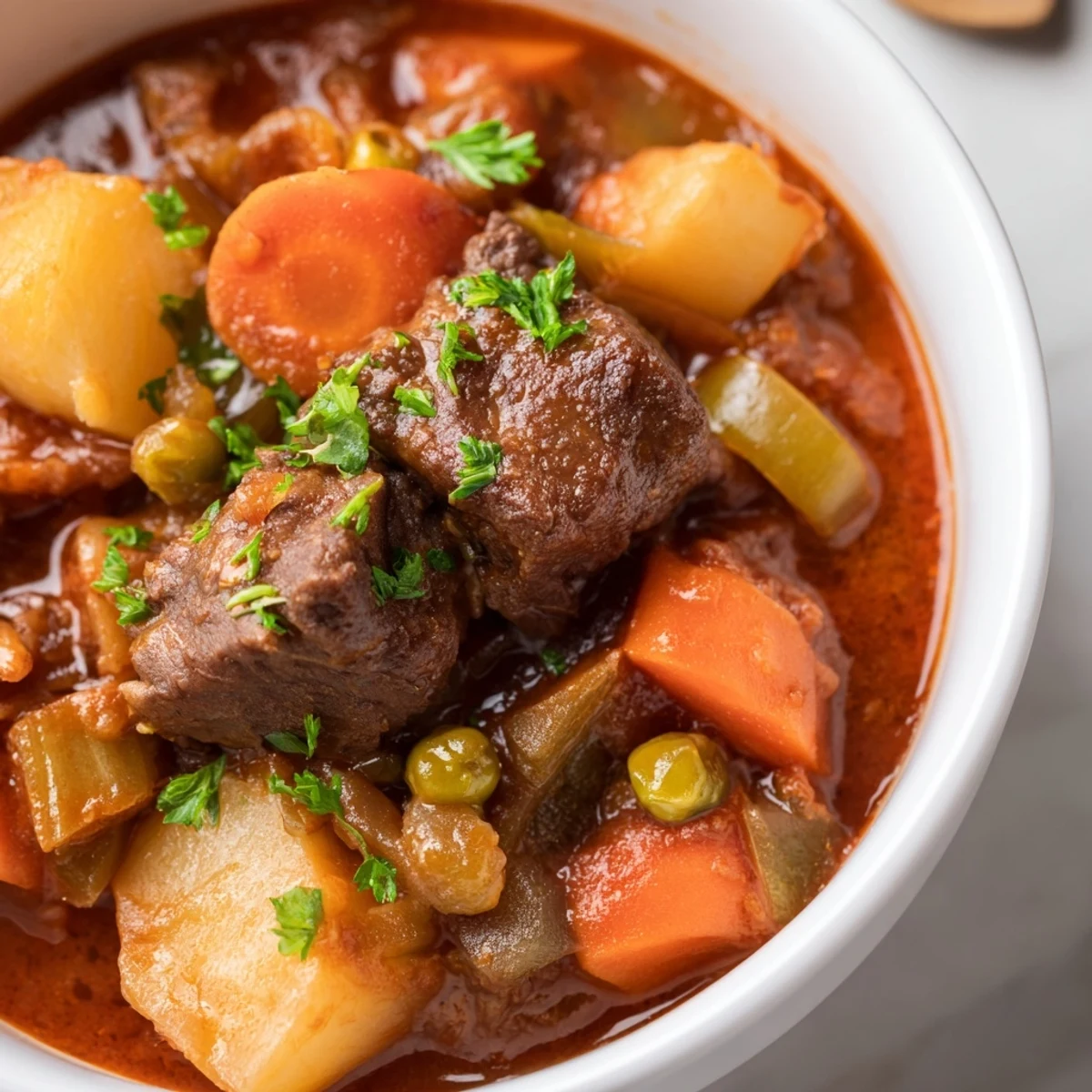 Close-up of a hearty Beef Dish Casserole showing chunky vegetables and meat coated in a thick gravy.