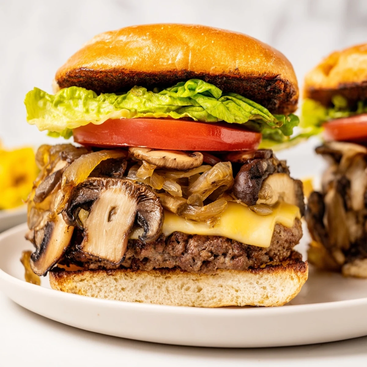 Freshly assembled Mushroom and Swiss Burger with sweet caramelized onions and lettuce.