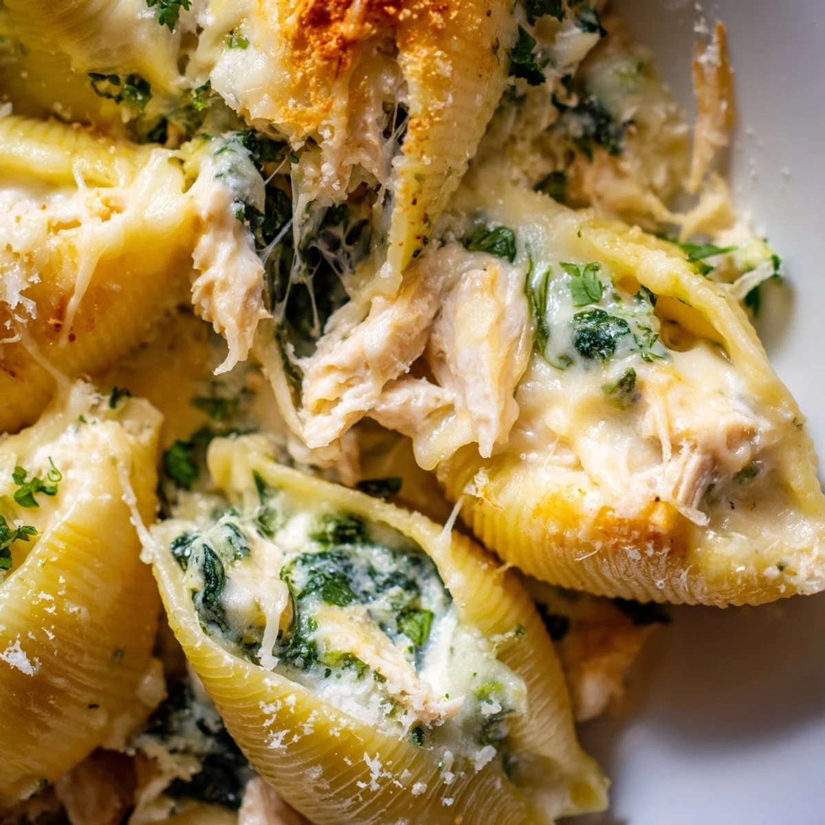 Golden baked Chicken Alfredo Stuffed Shells with spinach peek out from under bubbly mozzarella and fresh parsley garnish.