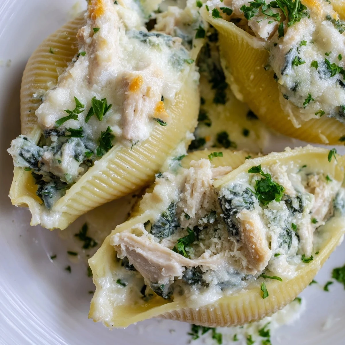 Two saucy Chicken Alfredo Stuffed Shells on a plate with salad and garlic bread for a family dinner.