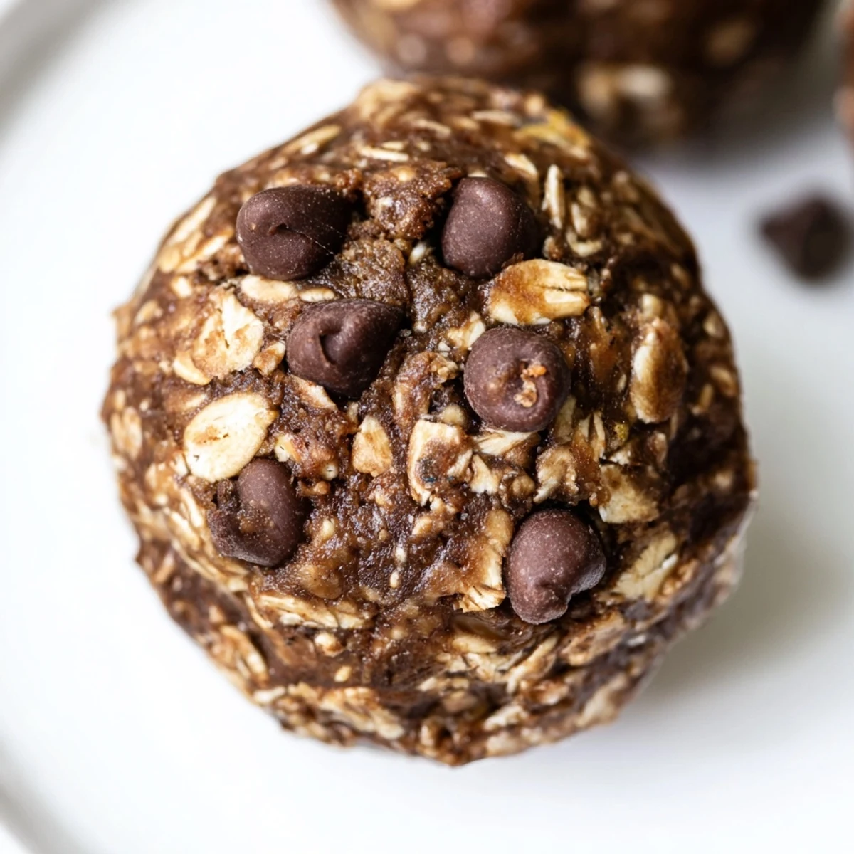 Freshly rolled Chocolate Peanut Butter Energy Balls with oats, seeds, and chocolate chips on a rustic wooden surface.