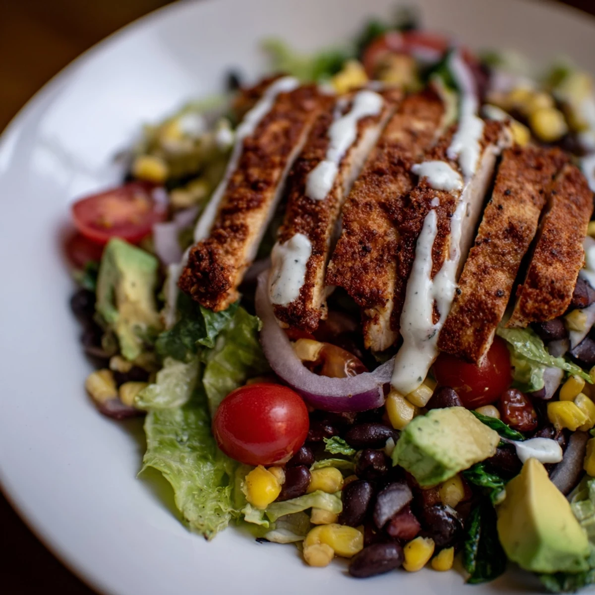 A close-up of Southwest Chicken Salad with lime dressing, showcasing crisp lettuce, juicy tomatoes, and a honey-lime vinaigrette drizzle.