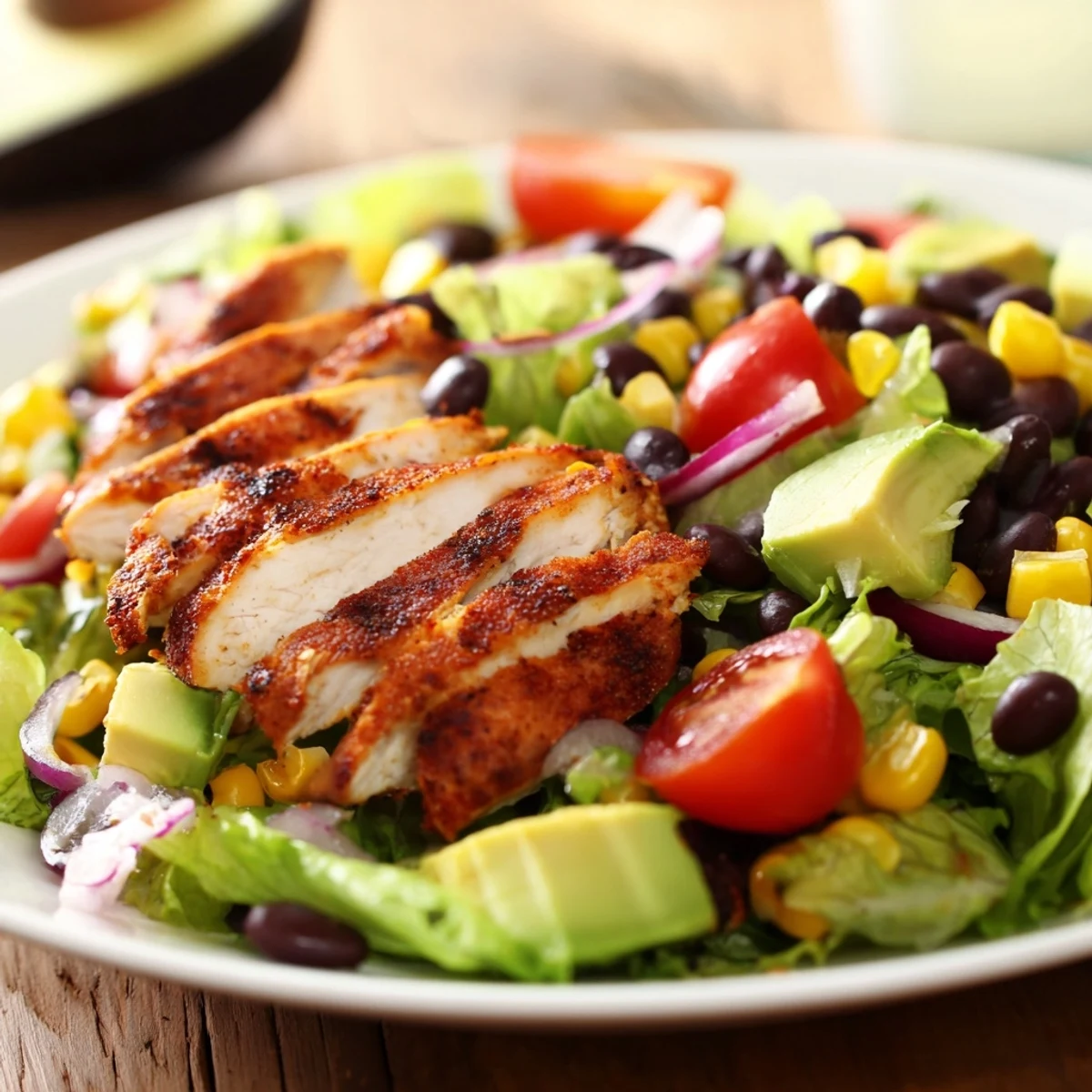 Freshly grilled chicken slices rest atop a vibrant Southwest Chicken Salad, featuring romaine, black beans, corn, and creamy avocado.