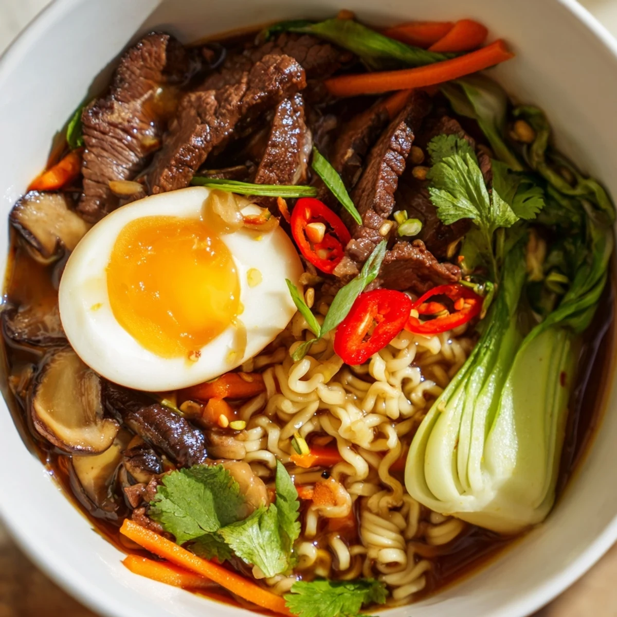 A close-up of Spicy Beef Ramen with Soft Boiled Egg, featuring tender beef slices and chewy noodles in a rich red broth, topped with fresh scallions and sesame seeds.