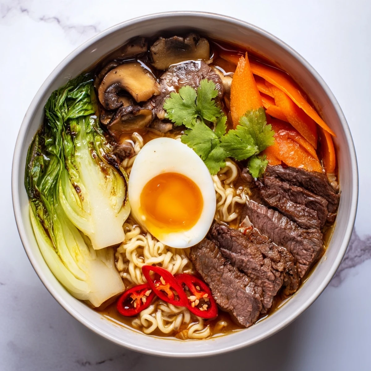 Steaming bowl of Spicy Beef Ramen with Soft Boiled Egg served with chopsticks, featuring a rich, spicy broth and colorful fresh garnishes.