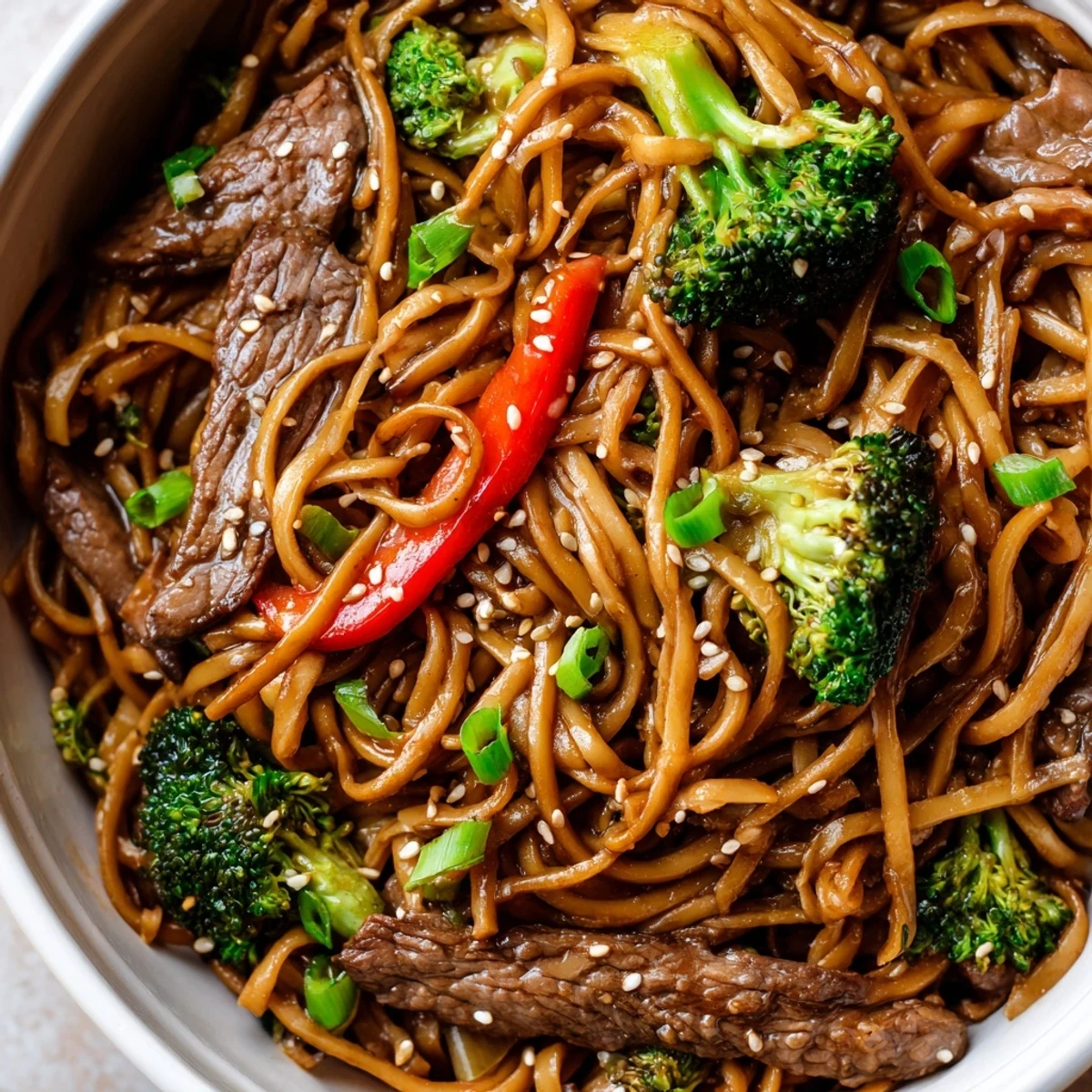 A close-up of Beef and Broccoli Lo Mein with Sesame highlights a glossy, savory-sweet sauce and sesame garnish.