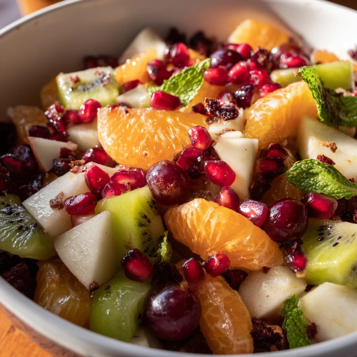 Bright Winter Fruit Salad with Honey Lime Dressing in a white bowl, juicy pomegranate arils, oranges, and kiwi slices garnished with fresh mint.