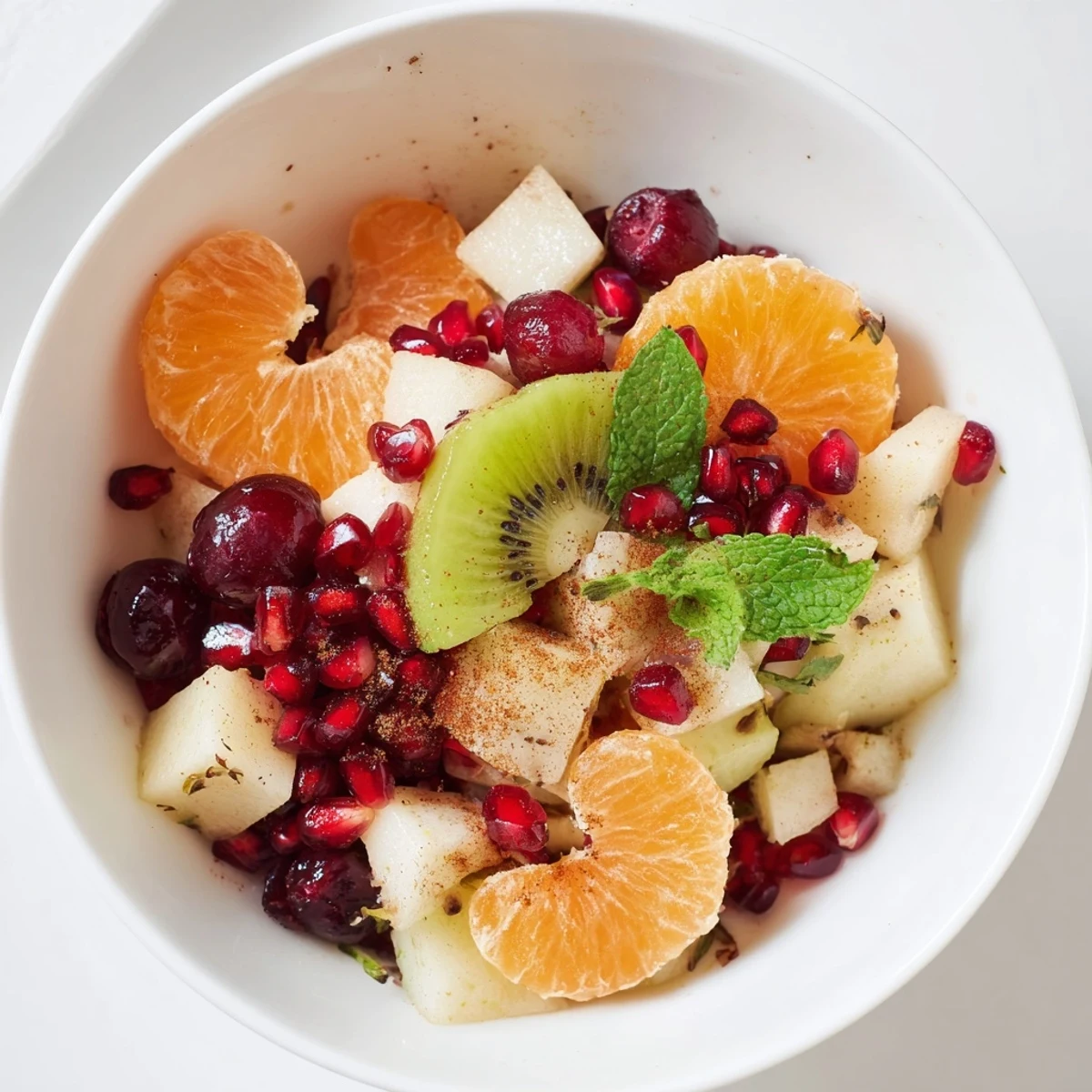 Refreshing Winter Fruit Salad with Honey Lime Dressing in a chilled bowl, glistening citrus segments and mint leaves ready for a healthy side dish.