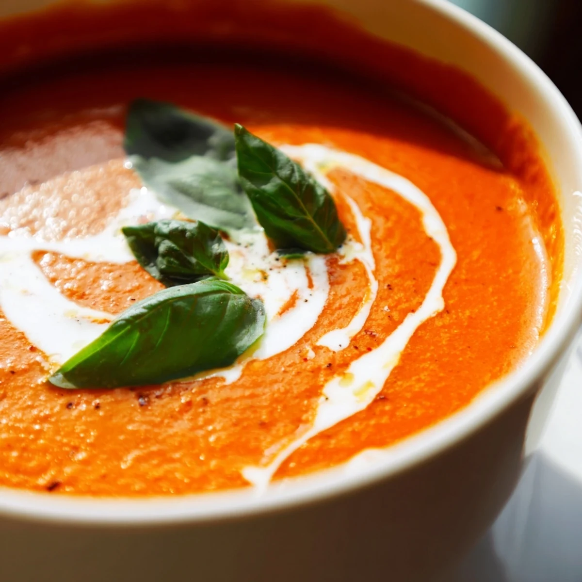 Close-up of Roasted Garlic and Tomato Basil Soup, highlighting its velvety texture and vibrant red color with a basil garnish.