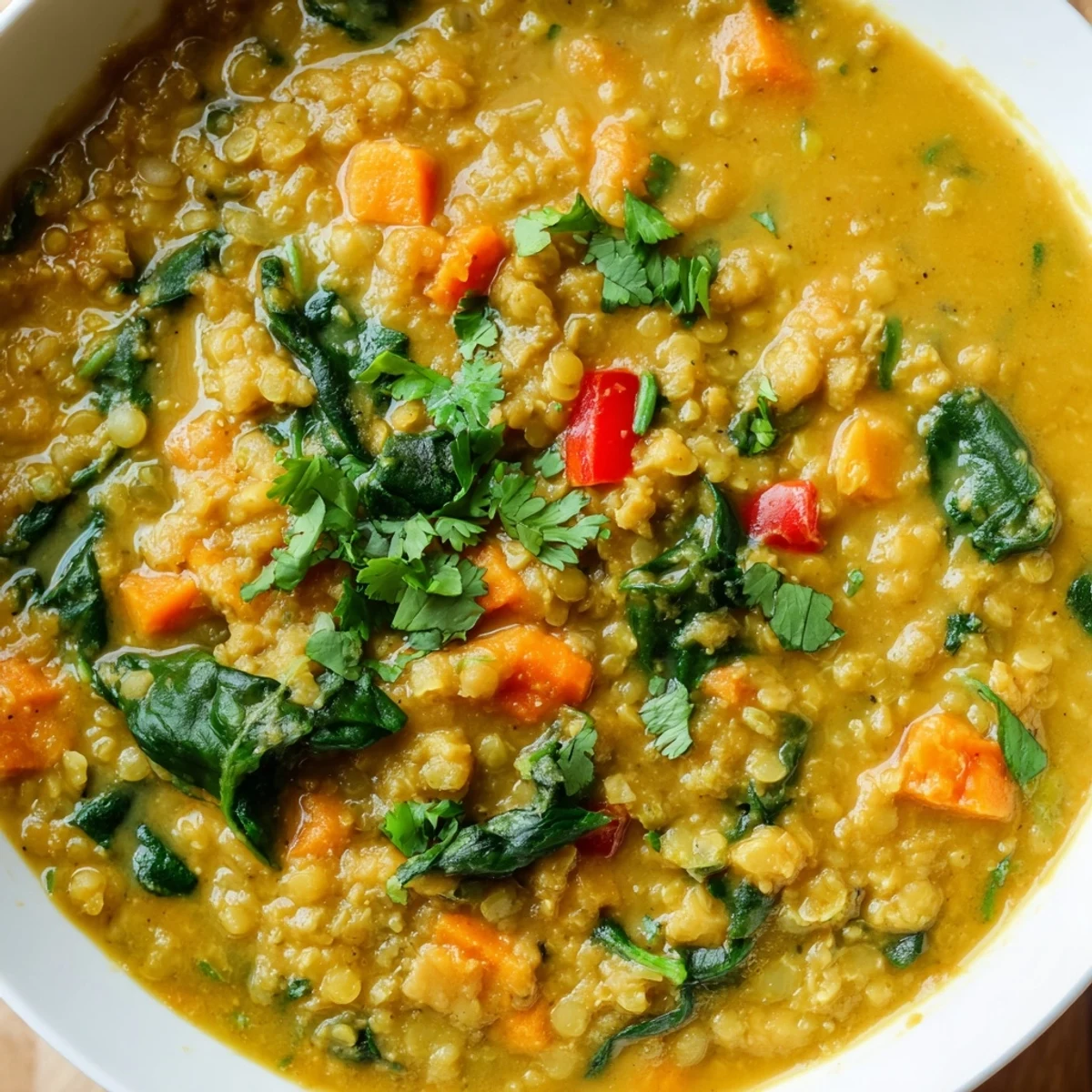 Creamy Coconut Curry Lentil Soup with Spinach in a white bowl, garnished with cilantro and lime wedges.