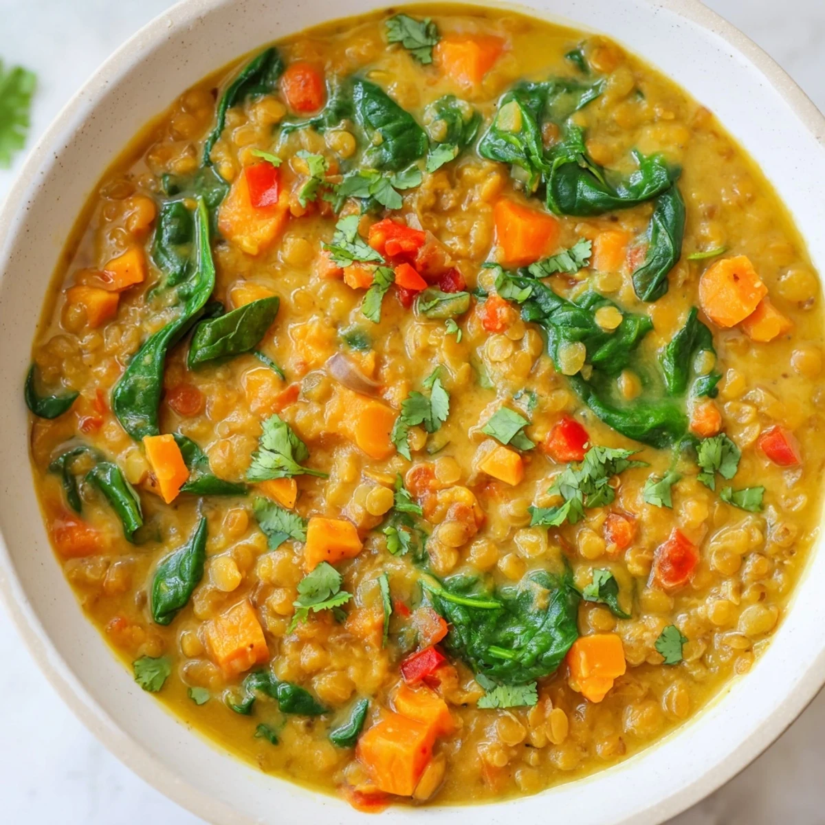 Vibrant Coconut Curry Lentil Soup with Spinach served with warm naan bread and a spoon.
