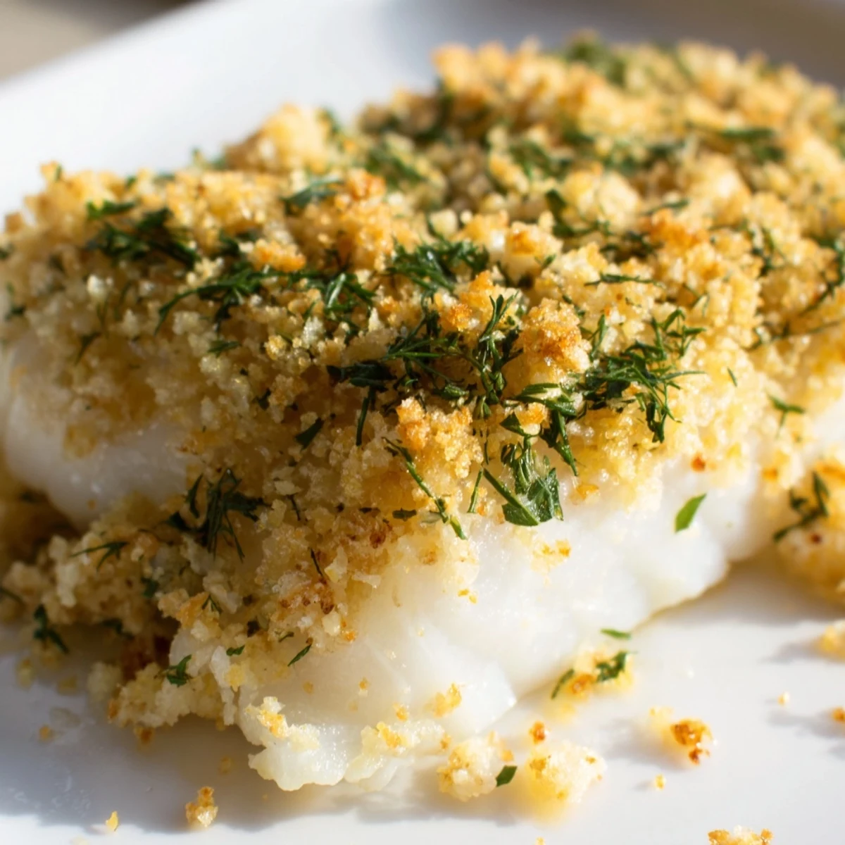 Golden-brown Baked Cod with Lemon Herb Butter Crumb topped with fresh herbs, served on a white plate with lemon wedges.