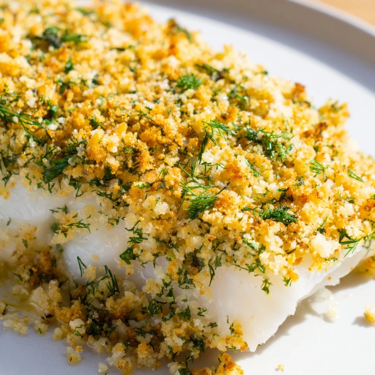 Flaky Baked Cod with Lemon Herb Butter Crumb fresh from the oven, featuring a crisp, golden breadcrumb crust and vibrant green herbs.
