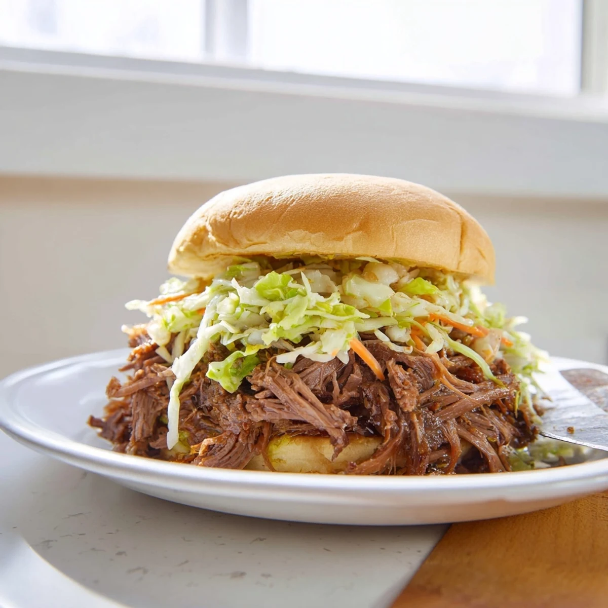 Close-up of a hearty Slow Cooker Pulled Beef Sandwich with crisp slaw and extra barbecue sauce drizzle.