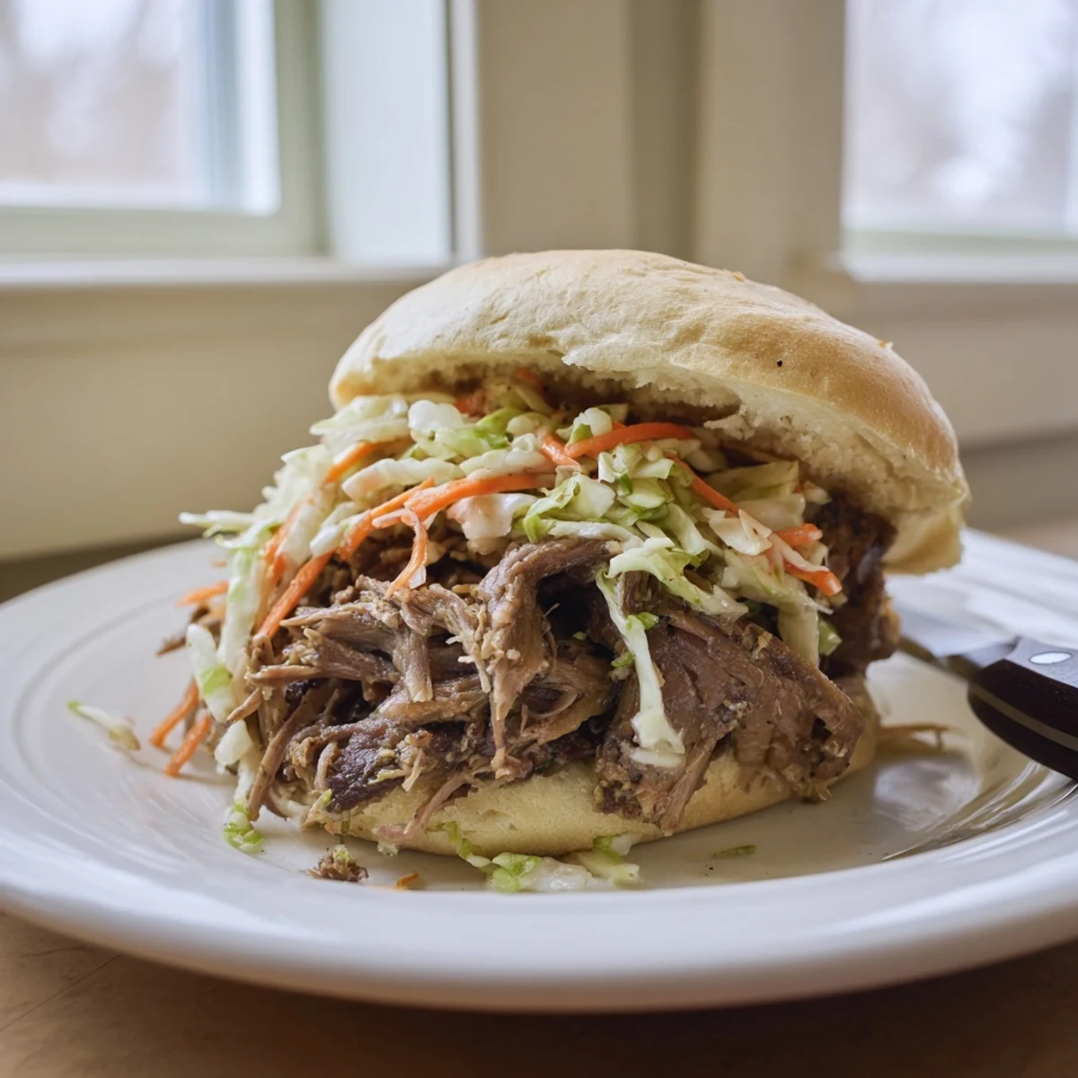 A toasted brioche bun overflowing with juicy shredded beef and topped with creamy, tangy cabbage slaw.