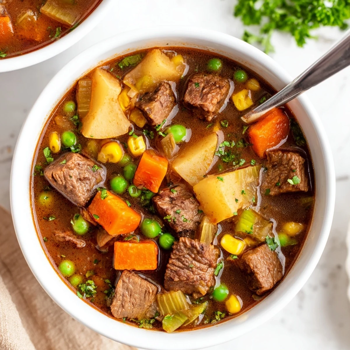 A close-up of ladling Beef Vegetable Soup with Potatoes, Peas, and Corn, showcasing tender beef chunks and vibrant vegetables.