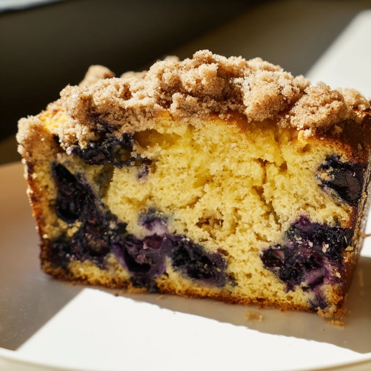 Freshly baked Lemon Blueberry Bread with cinnamon streusel topping, sliced to show moist crumb and juicy berries.