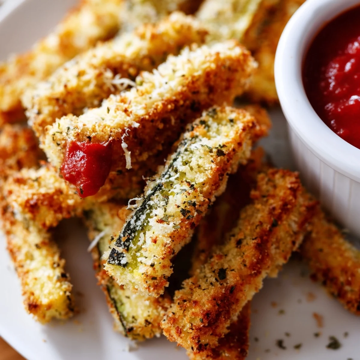 Golden-baked Baked Zucchini Fries with Marinara Dipping Sauce rest on a rustic platter next to a small bowl of vibrant red sauce.