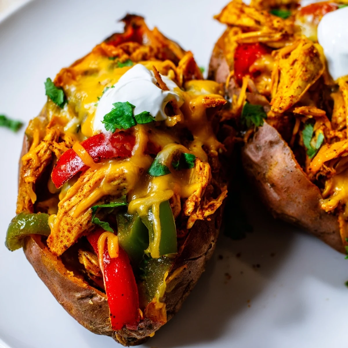 A close-up view of a hearty Chicken Fajita Stuffed Sweet Potato, revealing the tender orange flesh and spicy chicken filling, ready to be topped with a dollop of cool sour cream.