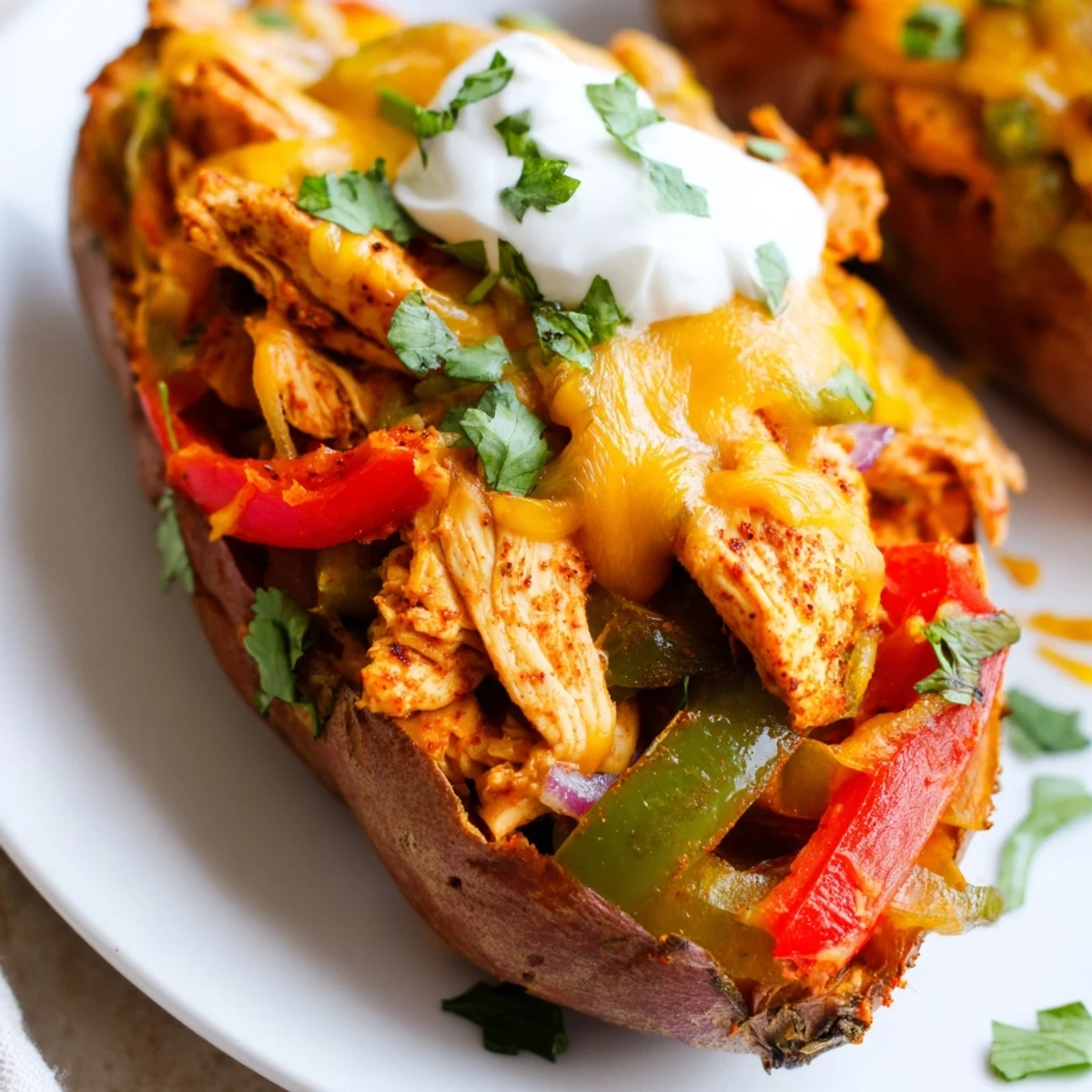 Fully baked Chicken Fajita Stuffed Sweet Potatoes resting on a white plate, garnished with sliced avocado and chopped cilantro, showcasing the gluten-free Tex-Mex main dish ready for dinner.