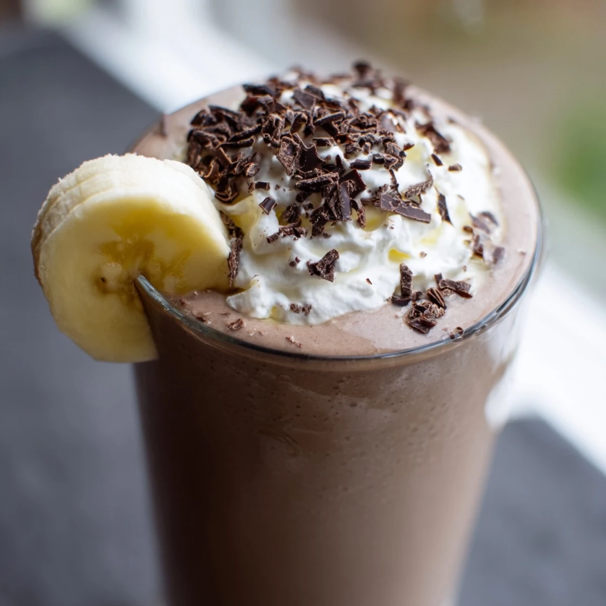 Thick and frosty Chocolate Peanut Butter Smoothie topped with sliced bananas and chocolate shavings in a glass.