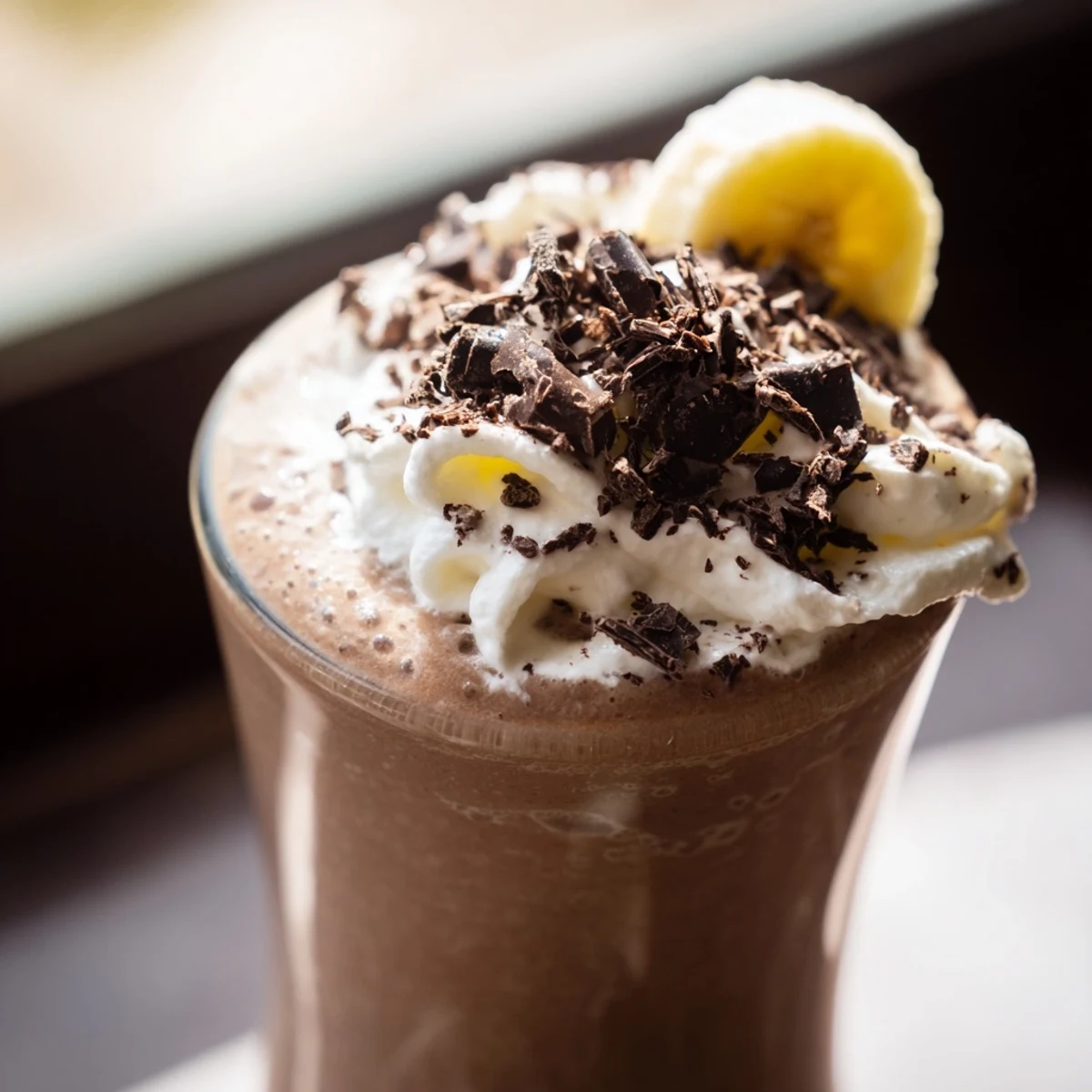 Two frosty glasses of Chocolate Peanut Butter Smoothie sit beside fresh bananas and a jar of peanut butter.