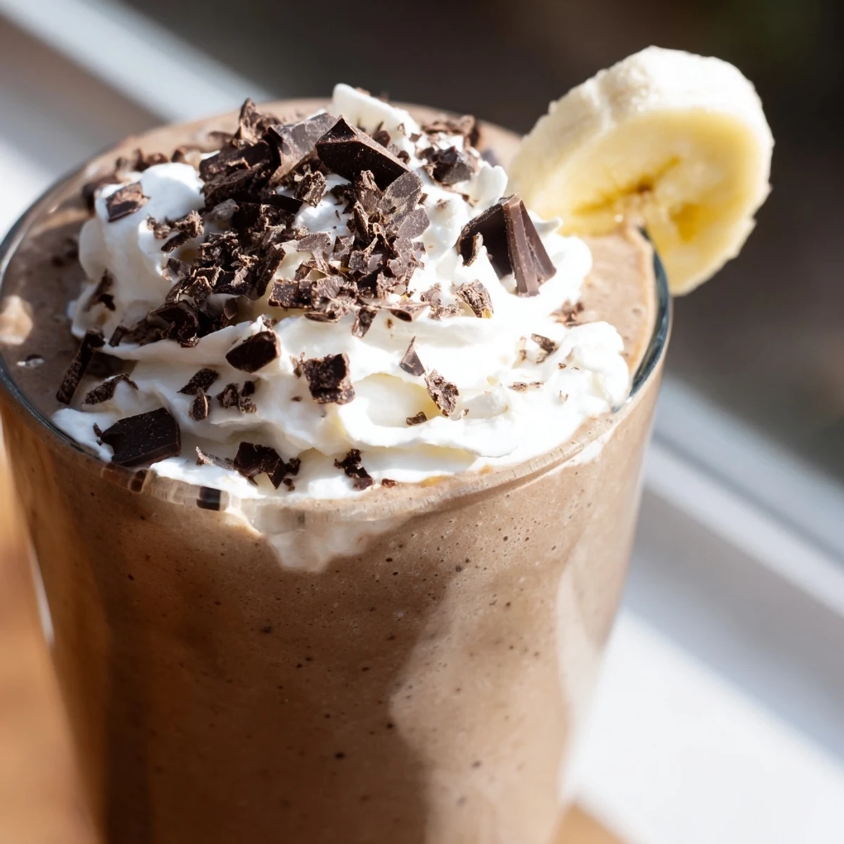 A tall glass of creamy Chocolate Peanut Butter Smoothie with a dollop of whipped cream on top.