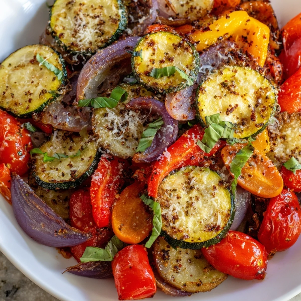 Roasted Veggies with Italian Seasoning sizzling on a baking sheet with golden edges and fresh basil garnish.