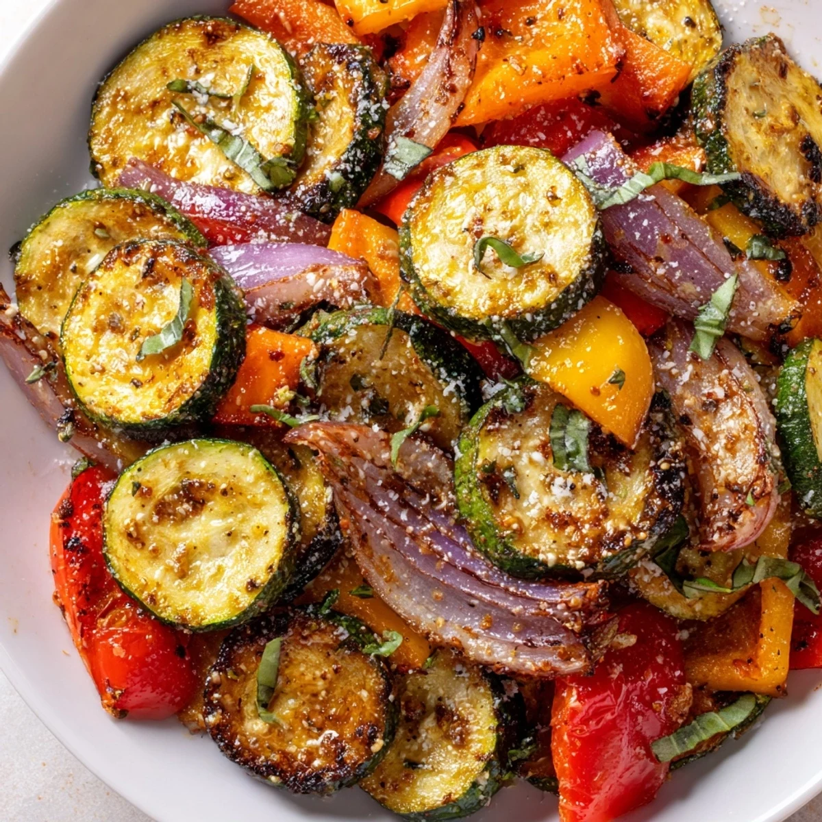 A platter of Roasted Veggies with Italian Seasoning served alongside grilled chicken for a family dinner.