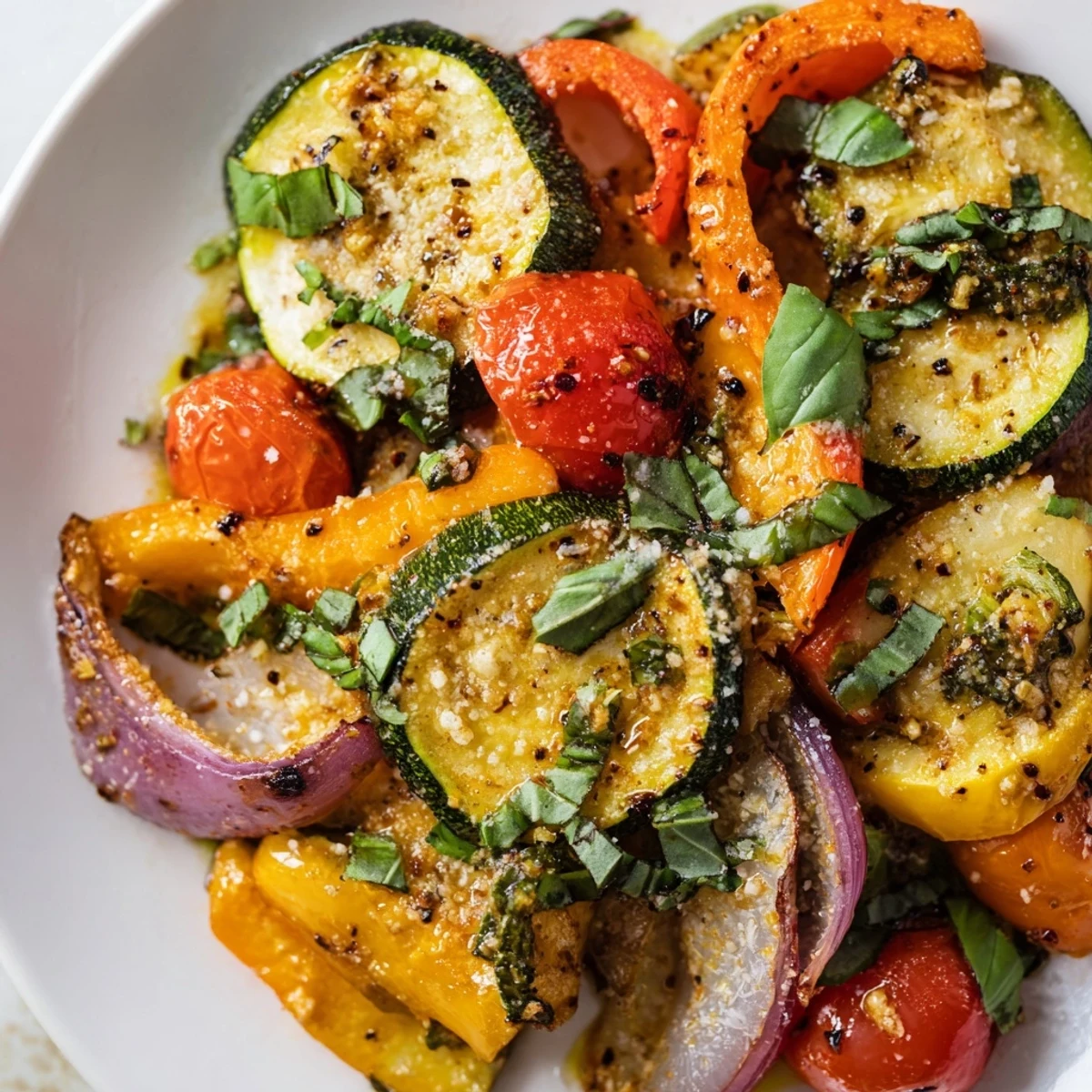 Freshly roasted Roasted Veggies with Italian Seasoning on a white plate, showing zucchini, peppers, and tomatoes.
