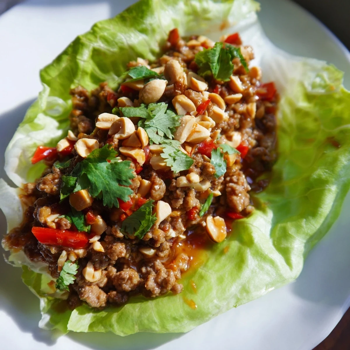 Savory ground beef Lettuce Wraps with chopped peanuts served in crisp lettuce cups.