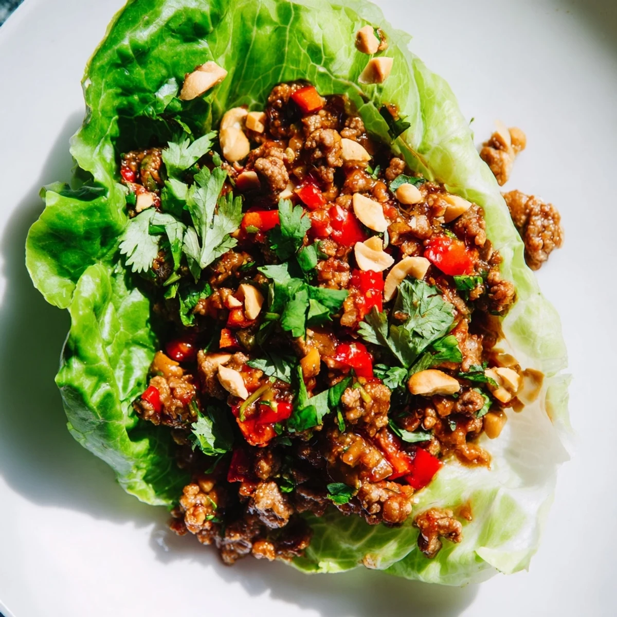 Juicy Lettuce Wraps topped with crunchy peanuts, perfect for a light dinner.