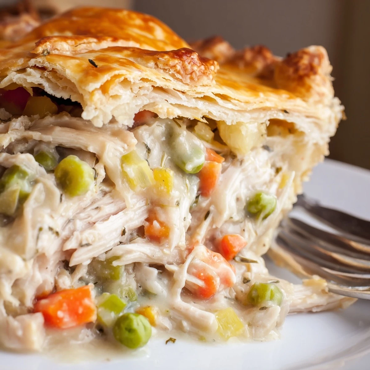 Sliced wedge of Chicken Pot Pie reveals tender chicken, peas, and carrots in rich sauce, served on a cozy plate.