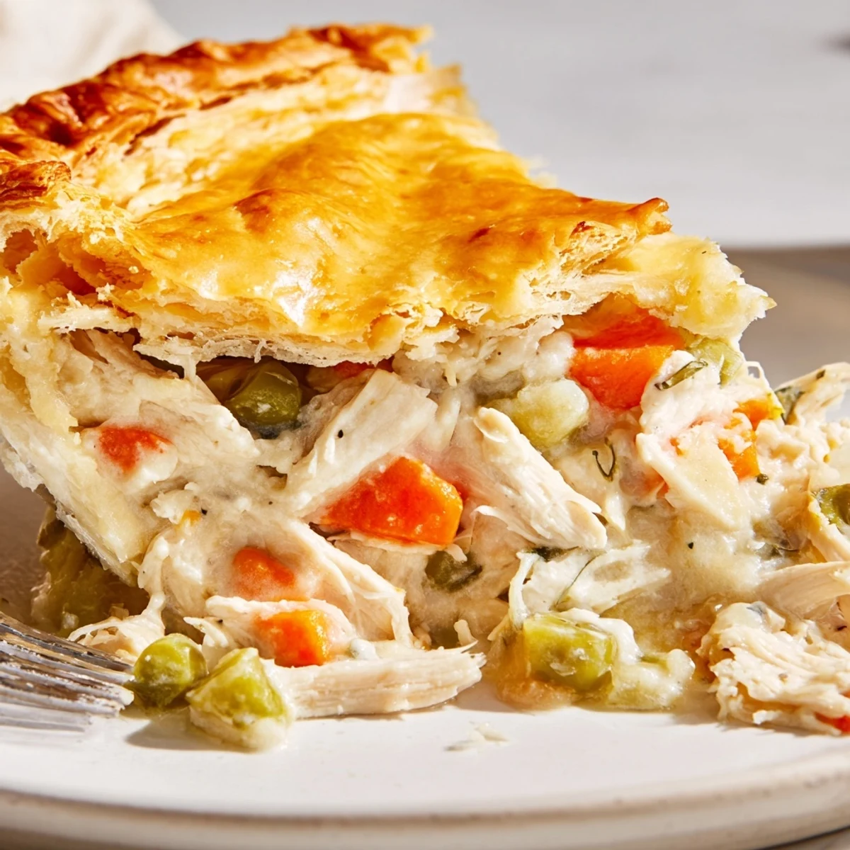 Freshly baked Chicken Pot Pie sits on a rustic wooden table, ready to be served with a glass of Chardonnay.