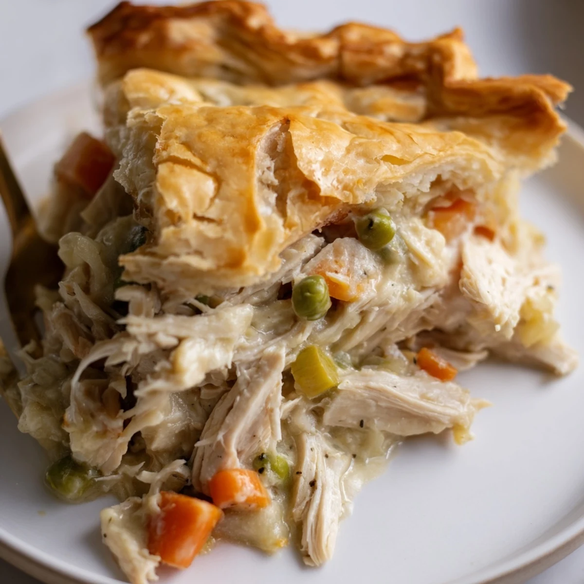 Golden-brown Chicken Pot Pie with flaky crust, steam rising from creamy chicken and vegetable filling in a ceramic dish.
