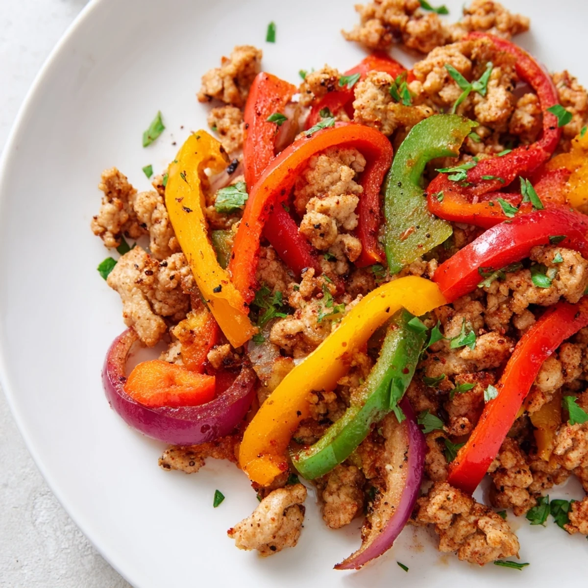 Freshly cooked Turkey Skillet with Bell Peppers featuring ground turkey, sautéed red, yellow, and green peppers, garnished with parsley and lemon wedges.