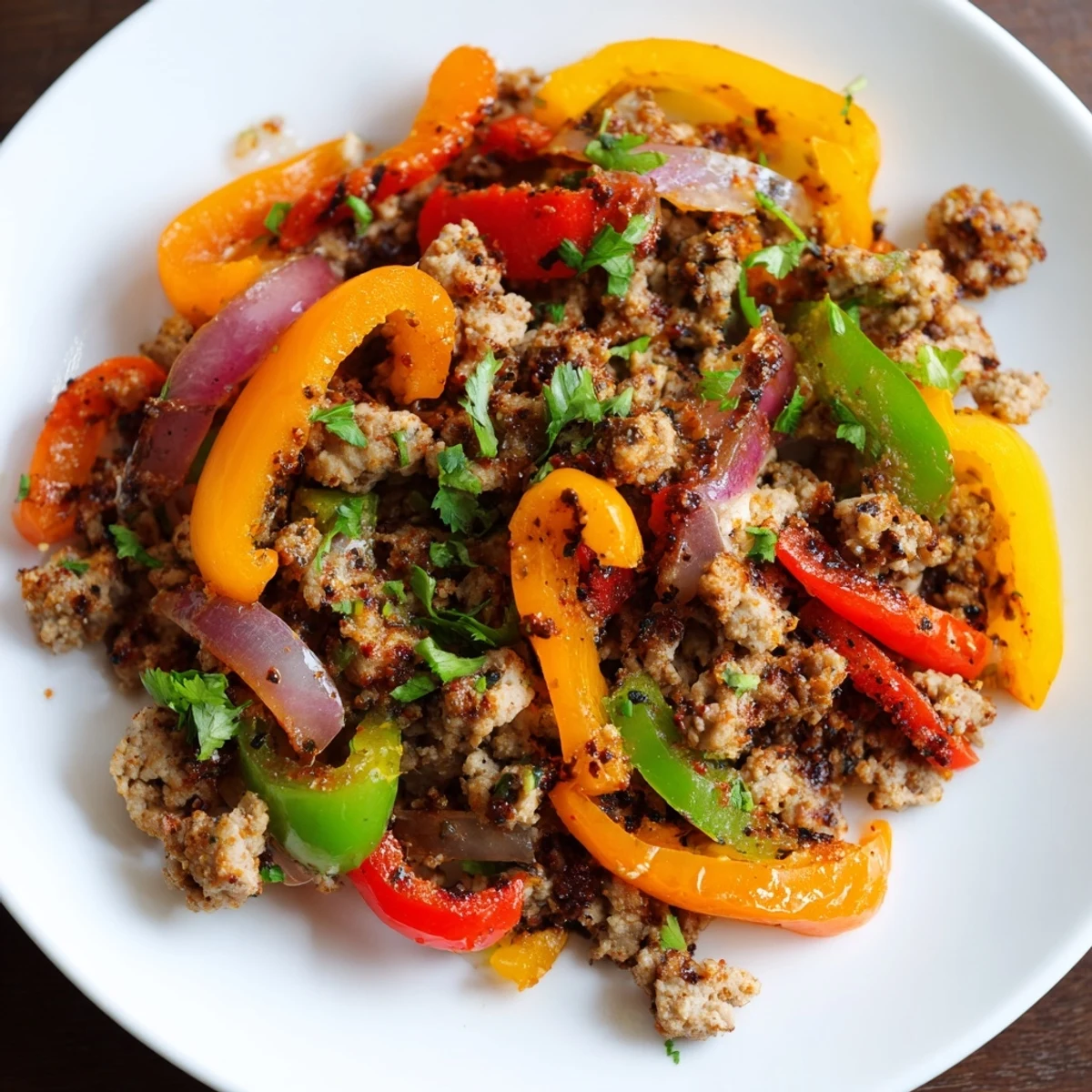 A sizzling skillet of Turkey Skillet with Bell Peppers, showcasing golden-brown turkey and tender onions with a dusting of smoked paprika for color.