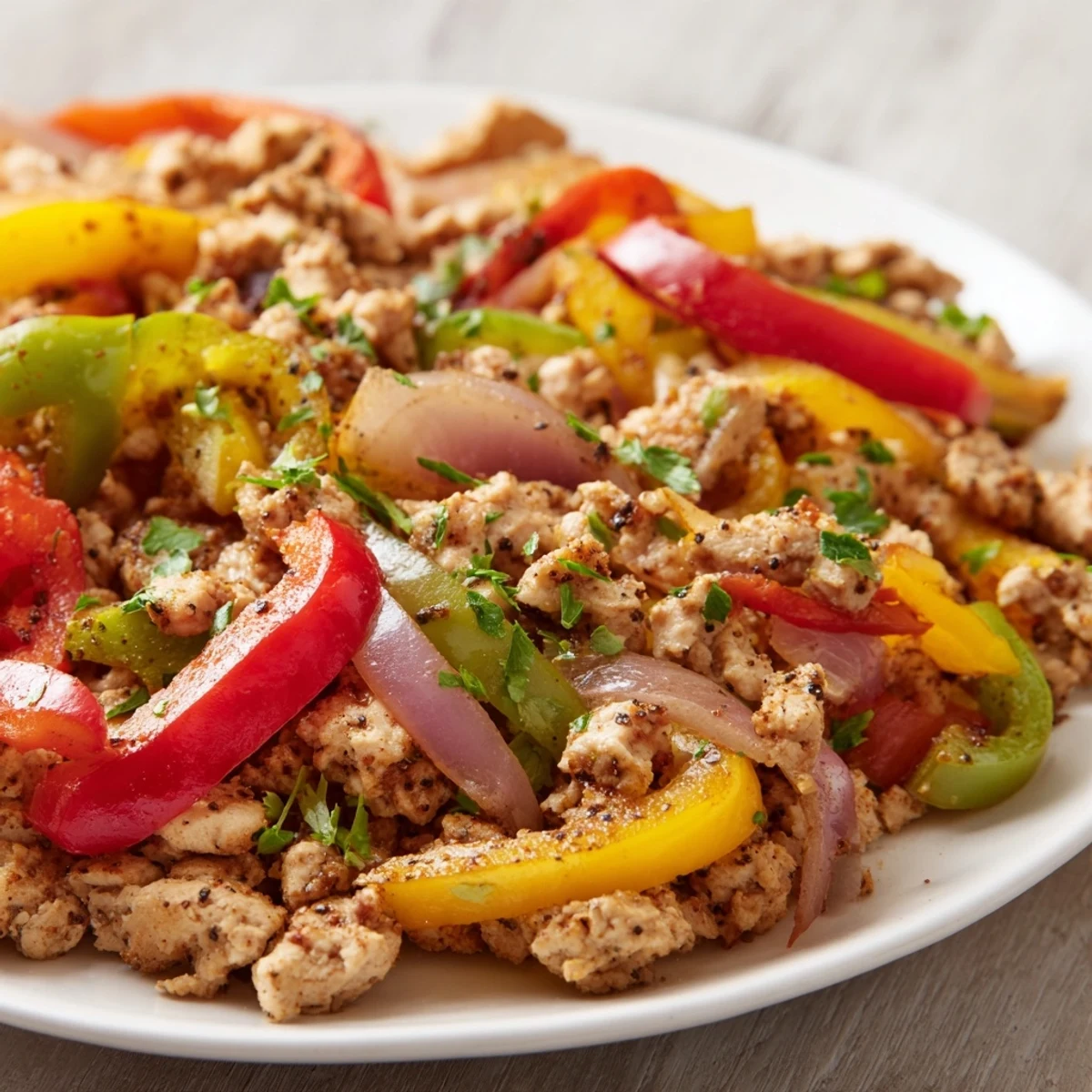 Vibrant Turkey Skillet with Bell Peppers served over fluffy quinoa, garnished with fresh parsley, ready for a healthy weeknight dinner.