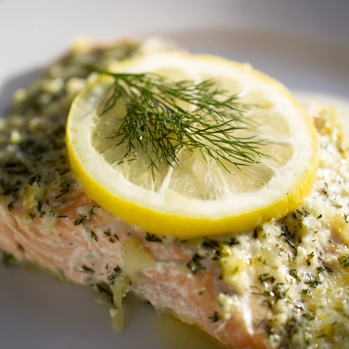 Golden-brown Baked Salmon with Dill Butter and Lemon rests on a plate, garnished with fresh dill sprigs and lemon slices.