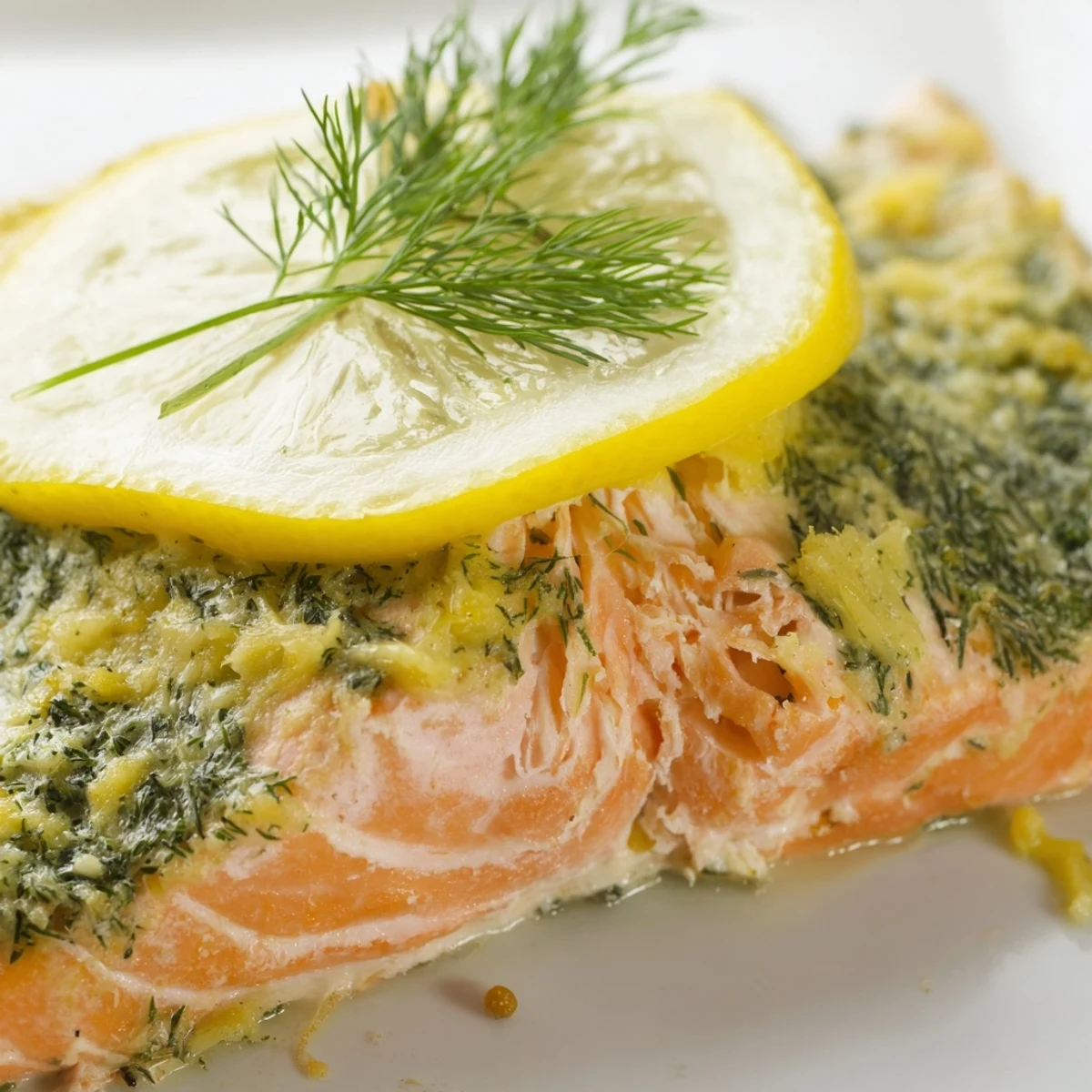 Sizzling Baked Salmon with Dill Butter and Lemon straight from the oven, showcasing a flaky texture and aromatic herb garnish.