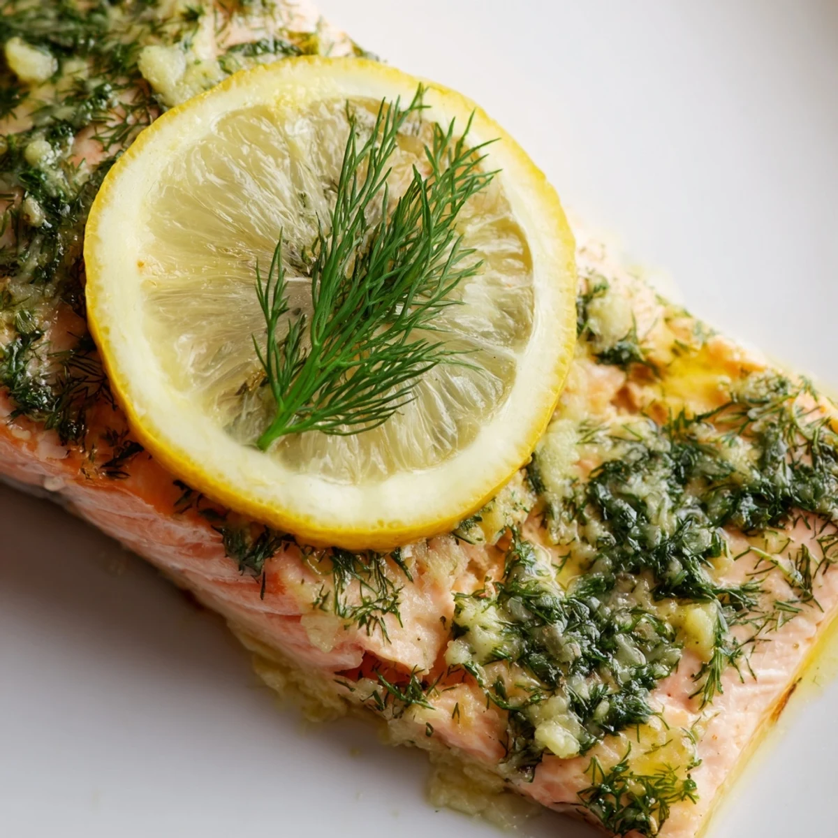 Freshly baked salmon fillet topped with melted dill butter and lemon, served alongside roasted potatoes and steamed asparagus.